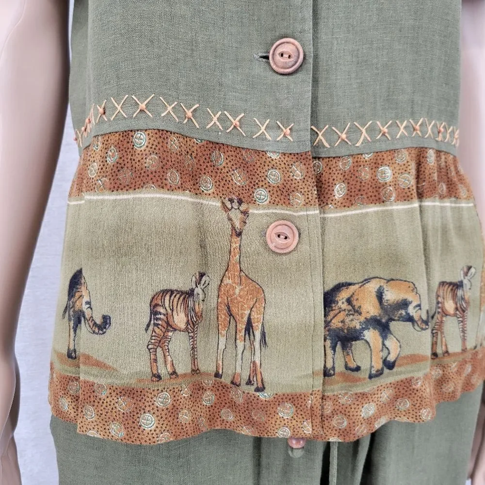 Stonebridge Vintage Green Linen Animal Print Safari Matching Set Blouse Trousers